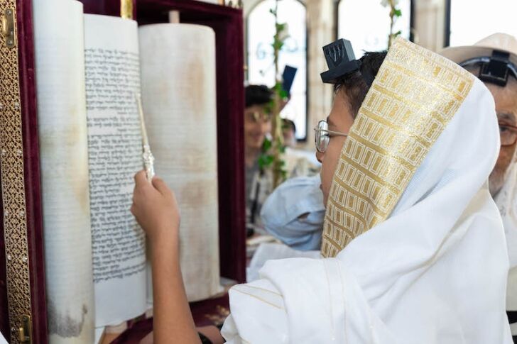 ילד בחגורת תפילין וטלית מחזיק בידו יד מצוידת וקורא בספר תורה בבית כנסת, כשמאחוריו עומדים בני משפחה ומשתתפים בטקס.